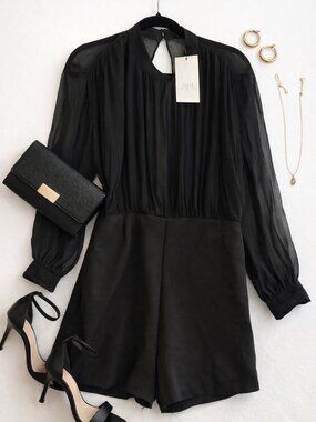 ZARA Black Sheer Sleeve Pleated Romper Playsuit BNWT Size L